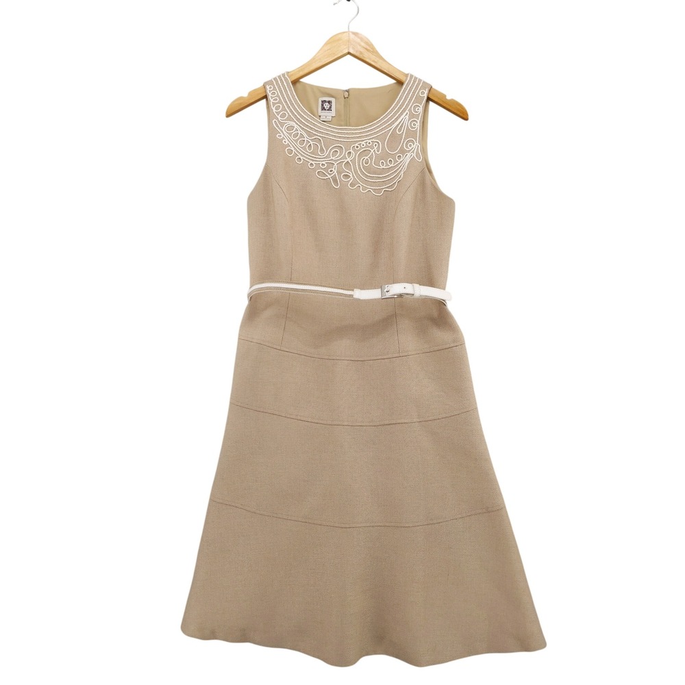 Anne Klein A-Line Dress Women 8 Tan Embroidered Sleeveless Belted Tiered Skirt